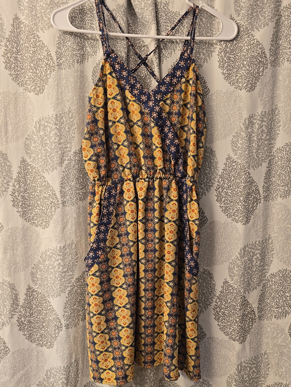 Xhilaration Navy and Yellow Floral  Dress with Crisscross Straps